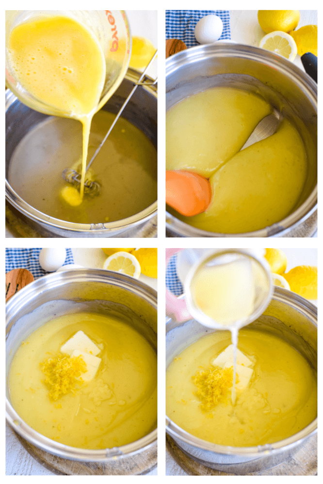 grafika z czterema obrazkami pokazującymi jak zagęścić sos deserowy na kuchence