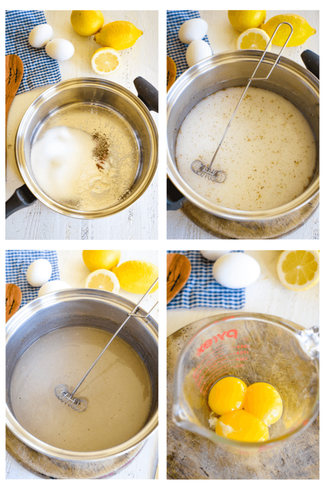 grafika z czterema obrazkami pokazującymi jak zrobić polewy do deserów zrobione ze skrobi kukurydzianej i jajek